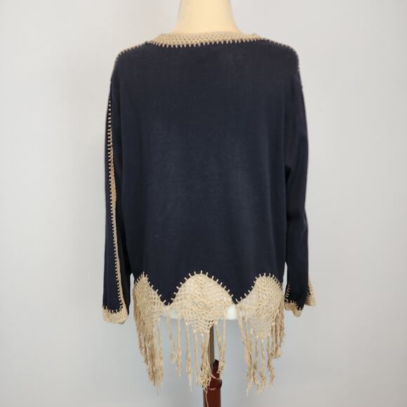 Vintage Giorgio Fiorlini Sweater Size 18/20W Crochet Fringe Black Embroidered - Picture 2 of 12